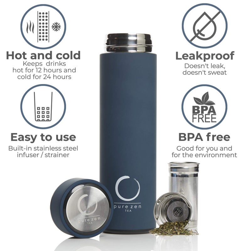 Pure Zen Tea Thermos with Infuser for Hot and Cold Infusions - Stainless Steel - Tea Infuser Bottle - Leakproof Travel Mug with Filter - 15oz - Blue - Image 4